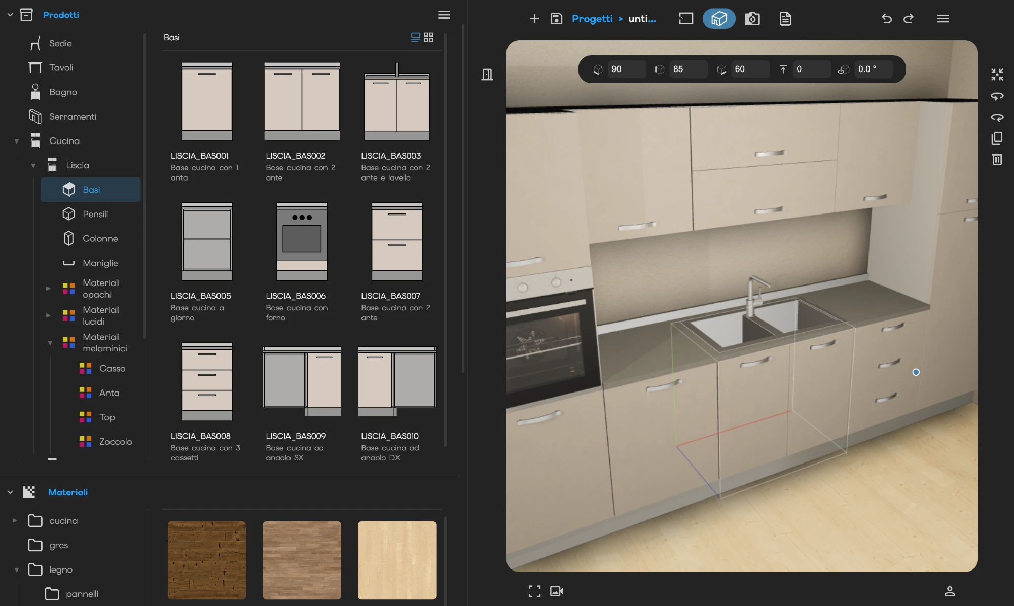 Il pannello Materiali del configuratore, con i campioni di legno